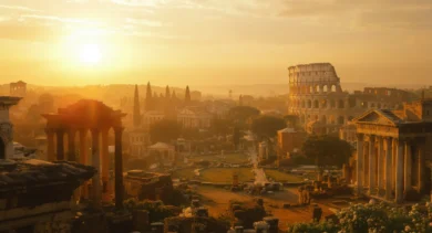 Forum Romanum o zachodzie słońca - panorama ruin antycznego Rzymu