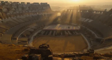 Pusta arena Koloseum o świcie z widocznym hypogeum