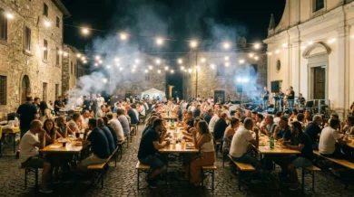 Letnia włoska sagra wieczorem - długie stoły i lampki