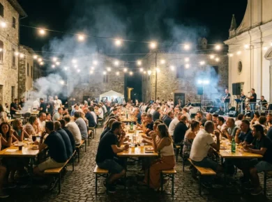 Letnia włoska sagra wieczorem - długie stoły i lampki