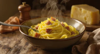 Talerz oryginalnej rzymskiej carbonary w ceramicznej misce - spaghetti w złocistym sosie z żółtek i pecorino, kawałki chrupiącego guanciale i czarny pieprz, bez śmietany