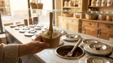Kubek gęstego gelato rzemieślniczego z matową pistacją i beżowym bananem nad marmurowym blatem gelaterii z rzędem metalowych pokryw pozzetti
