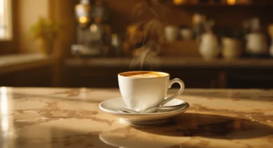 Białe porcelanowe espresso ze złocistą cremą na spodku z łyżeczką, na marmurowym blacie włoskiego baru kawowego, w tle rozmyty ekspres kolbowy w ciepłym świetle