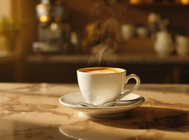 Białe porcelanowe espresso ze złocistą cremą na spodku z łyżeczką, na marmurowym blacie włoskiego baru kawowego, w tle rozmyty ekspres kolbowy w ciepłym świetle