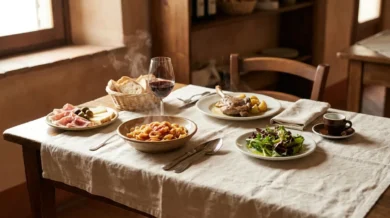 Włoski stół z kolejnymi daniami obiadu: talerz antipasto z wędliną i oliwkami, parujący makaron jako primo, pieczone mięso jako secondo, sałata jako contorno na osobnym talerzu i filiżanka espresso