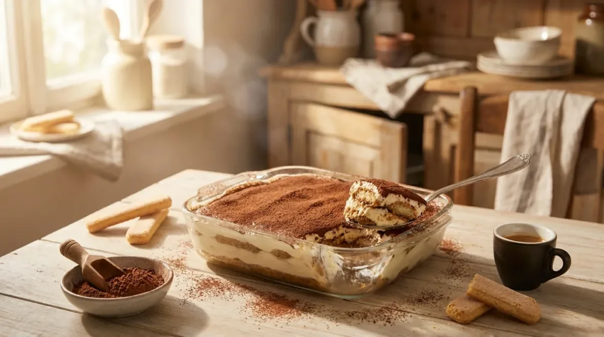 Klasyczne tiramisu w szklanym naczyniu, posypane kakao, z łyżką odsłaniającą warstwy biszkoptów savoiardi i kremu mascarpone, obok espresso i miseczka kakao