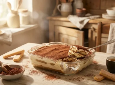 Klasyczne tiramisu w szklanym naczyniu, posypane kakao, z łyżką odsłaniającą warstwy biszkoptów savoiardi i kremu mascarpone, obok espresso i miseczka kakao