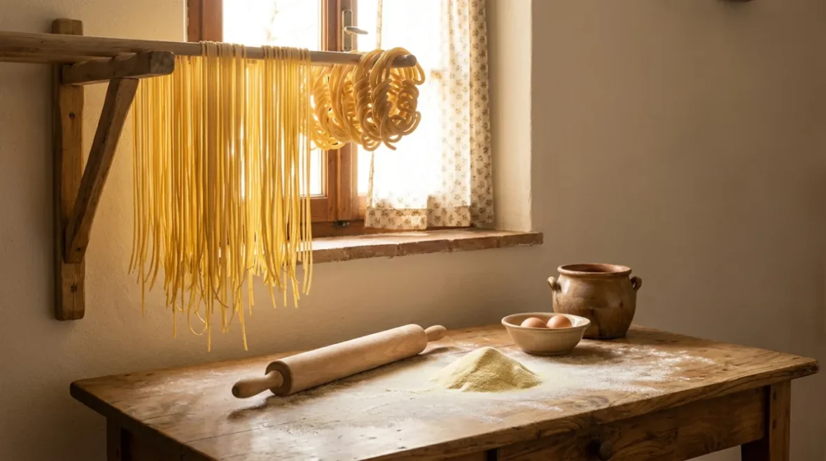 Świeży ręcznie robiony włoski makaron - nitki spaghetti i zwoje maccheroni schnące na drewnianym stojaku przy oknie, obok omączony stół z wałkiem, kopczykiem semoliny i jajkami