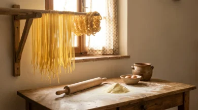 Świeży ręcznie robiony włoski makaron - nitki spaghetti i zwoje maccheroni schnące na drewnianym stojaku przy oknie, obok omączony stół z wałkiem, kopczykiem semoliny i jajkami