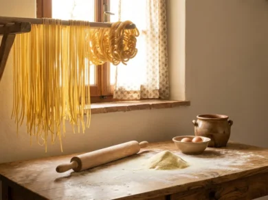 Świeży ręcznie robiony włoski makaron - nitki spaghetti i zwoje maccheroni schnące na drewnianym stojaku przy oknie, obok omączony stół z wałkiem, kopczykiem semoliny i jajkami