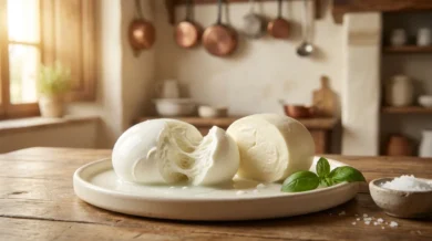Mozzarella di bufala i fior di latte obok siebie na kremowym talerzu - po lewej przekrojona bawola z ciagnaca sie pasta filata w serwatce, po prawej zwarty fior di latte z mleka krowiego, obok bazylia i sol