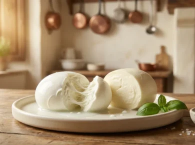 Mozzarella di bufala i fior di latte obok siebie na kremowym talerzu - po lewej przekrojona bawola z ciagnaca sie pasta filata w serwatce, po prawej zwarty fior di latte z mleka krowiego, obok bazylia i sol