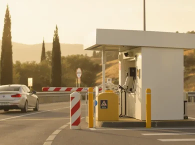 Bramka autostradowa (casello) na włoskiej autostradzie o zachodzie słońca - szlaban i auto podjeżdżające do punktu poboru opłat