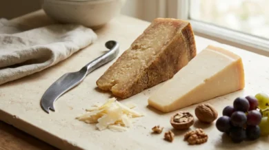 Dwa kliny twardego włoskiego sera grana o ziarnistej strukturze - ciemniejszy Parmigiano Reggiano i jaśniejszy Grana Padano - obok noża do sera, wiórków sera, orzechów włoskich i winogron na kremowym kamiennym blacie