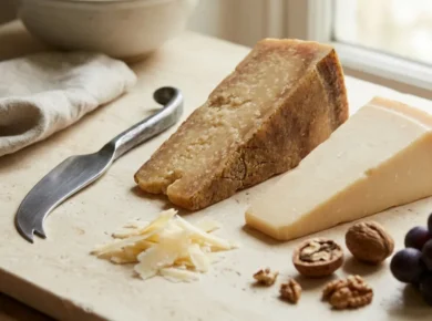 Dwa kliny twardego włoskiego sera grana o ziarnistej strukturze - ciemniejszy Parmigiano Reggiano i jaśniejszy Grana Padano - obok noża do sera, wiórków sera, orzechów włoskich i winogron na kremowym kamiennym blacie