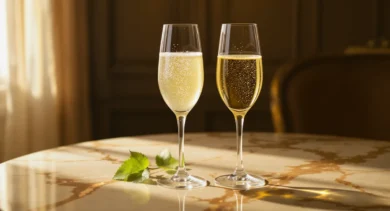 Dwa kieliszki wina musującego obok siebie - jaśniejsze prosecco z listkiem winorośli i ciemniejszy, bardziej złoty szampan - na marmurowym stole w ciepłym świetle