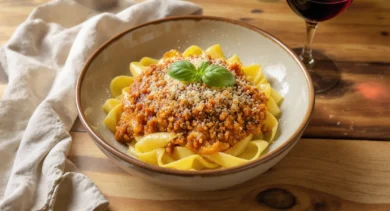 Tagliatelle al ragù w kremowej misce - jajeczny makaron z gęstym bolońskim sosem mięsnym, posypany Parmigiano