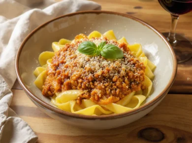 Tagliatelle al ragù w kremowej misce - jajeczny makaron z gęstym bolońskim sosem mięsnym, posypany Parmigiano