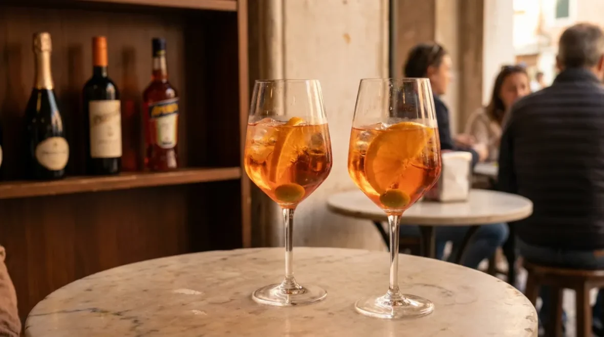 Dwa kieliszki pomarańczowego spritza z lodem, plasterkiem pomarańczy i zieloną oliwką na marmurowym stoliku weneckiego baru, w tle butelka prosecco i gorzkiego likieru