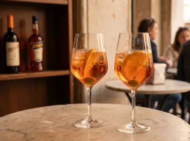 Dwa kieliszki pomarańczowego spritza z lodem, plasterkiem pomarańczy i zieloną oliwką na marmurowym stoliku weneckiego baru, w tle butelka prosecco i gorzkiego likieru