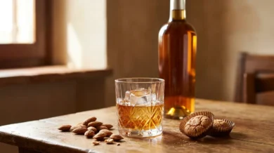 Kieliszek bursztynowego likieru amaretto z lodem, obok migdały i ciasteczka amaretti oraz butelka bez etykiety