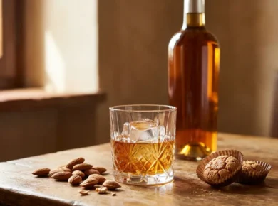 Kieliszek bursztynowego likieru amaretto z lodem, obok migdały i ciasteczka amaretti oraz butelka bez etykiety