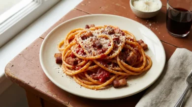 Talerz bucatini all'amatriciana z chrupiącym guanciale, sosem pomidorowym i startym pecorino