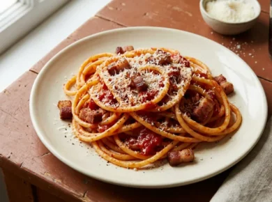 Talerz bucatini all'amatriciana z chrupiącym guanciale, sosem pomidorowym i startym pecorino