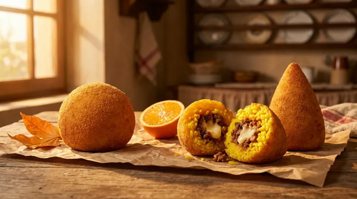 Sycylijskie arancini na papierze - okragla arancina po lewej (Palermo) i stozkowaty arancino po prawej (Catania), jeden przekrojony odslania szafranowy ryz z ragu i mozzarella, obok pol pomaranczy