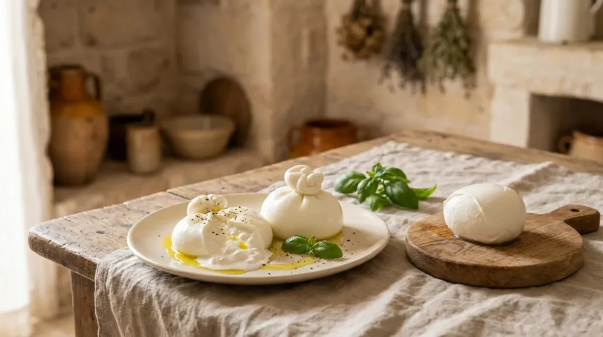 Swieza burrata na kremowym talerzu w apulijskiej kuchni, jedna przekrojona odslania kremowe wnetrze ze stracciatelli, obok zwarta kulka mozzarelli