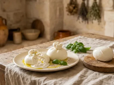 Swieza burrata na kremowym talerzu w apulijskiej kuchni, jedna przekrojona odslania kremowe wnetrze ze stracciatelli, obok zwarta kulka mozzarelli
