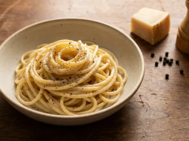 Talerz spaghetti cacio e pepe w kremowym sosie z pecorino, obsypany świeżo mielonym czarnym pieprzem, obok kawałek pecorino i młynek do pieprzu