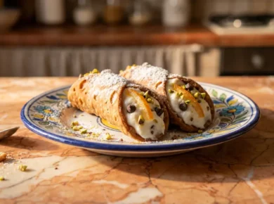 Dwa sycylijskie cannoli na majolikowym talerzu - chrupiące rurki z ciasta wypełnione kremem z ricotty, z kandyzowaną pomarańczą, kawałkami czekolady i posiekaną pistacją, oprószone cukrem pudrem