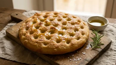 Zlocista focaccia genovese z dolkami wypelnionymi oliwa i gruba sola, na drewnianej desce, obok oliwa i rozmaryn