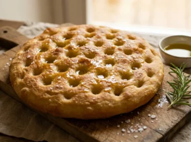 Zlocista focaccia genovese z dolkami wypelnionymi oliwa i gruba sola, na drewnianej desce, obok oliwa i rozmaryn