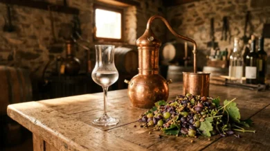 Kieliszek tulipanowy z klarowna grappa obok miedzianego alembika i kupki winogronowych wytlokow - skorek, pestek i szypulek - na drewnianym stole w rustykalnej gorzelni