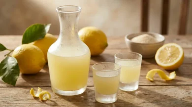 Zmrożona karafka i dwa schłodzone kieliszki jasnożółtego limoncello na drewnianym stole, obok świeże cytryny z liśćmi, skórki cytryny i miseczka cukru