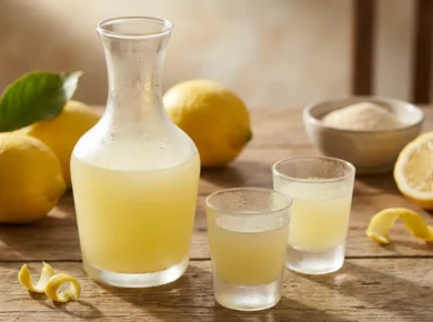 Zmrożona karafka i dwa schłodzone kieliszki jasnożółtego limoncello na drewnianym stole, obok świeże cytryny z liśćmi, skórki cytryny i miseczka cukru