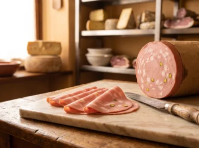 Przekrojona mortadela Bologna o różowym miąższu z białymi kostkami tłuszczu i zielonymi pistacjami, cienkie plastry na marmurowej desce, nóż z drewnianą rączką, w tle sery na regałach salumerii