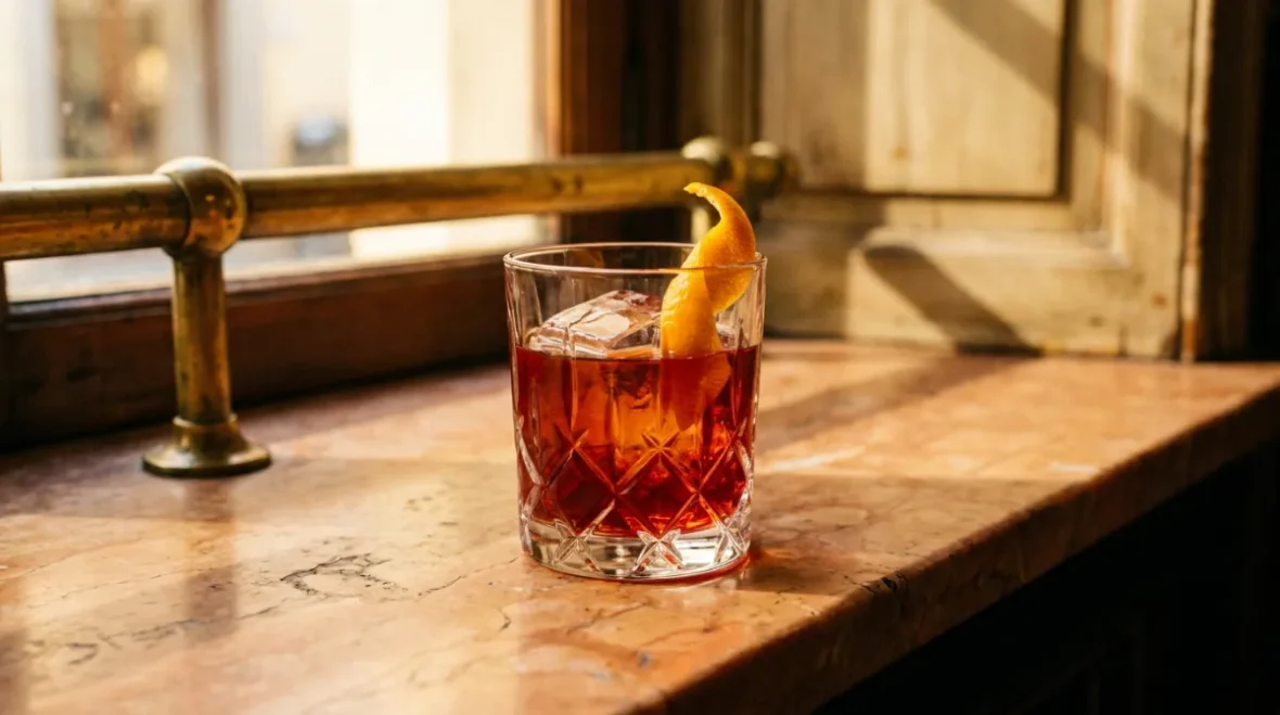 Klasyczny koktajl Negroni w krysztalowej szklance na duzej kostce lodu, rubinowo-czerwony, ze skorka pomaranczy, na marmurowym barze wloskiej kawiarni