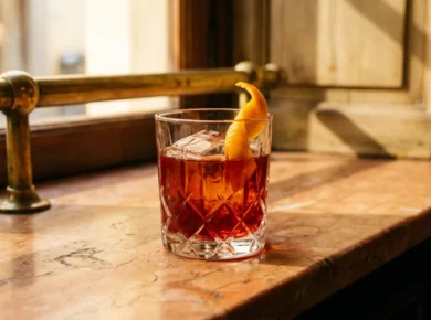 Klasyczny koktajl Negroni w krysztalowej szklance na duzej kostce lodu, rubinowo-czerwony, ze skorka pomaranczy, na marmurowym barze wloskiej kawiarni
