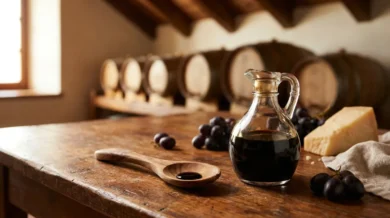 Szklana karafka ciemnego octu balsamicznego na drewnianym stole, obok drewniana lyzka z kropla gestego balsamico, w tle rzad drewnianych beczek do dojrzewania w octowni acetaia, winogrona i kawalek dojrzewajacego sera
