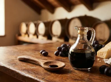 Szklana karafka ciemnego octu balsamicznego na drewnianym stole, obok drewniana lyzka z kropla gestego balsamico, w tle rzad drewnianych beczek do dojrzewania w octowni acetaia, winogrona i kawalek dojrzewajacego sera