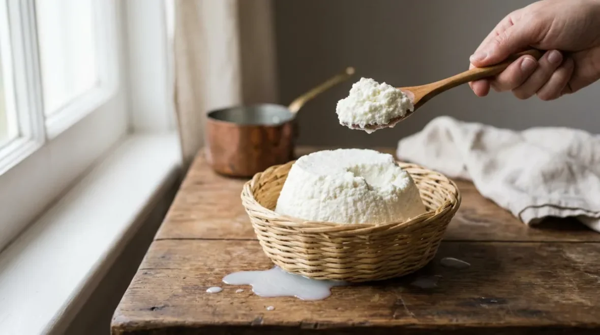 Świeża biała ricotta w tradycyjnym plecionym koszyczku fuscella na drewnianym stole, drewniana łyżka z kłaczkiem ricotty
