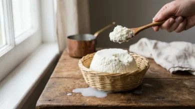 Świeża biała ricotta w tradycyjnym plecionym koszyczku fuscella na drewnianym stole, drewniana łyżka z kłaczkiem ricotty