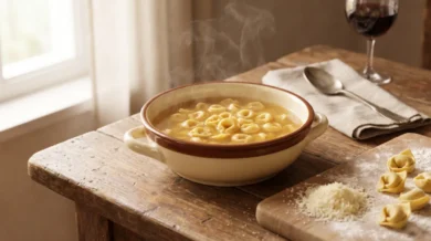 Miska rosołu z drobnymi tortellini in brodo, obok deska z mąką i świeżo zawijane tortellini oraz parmezan
