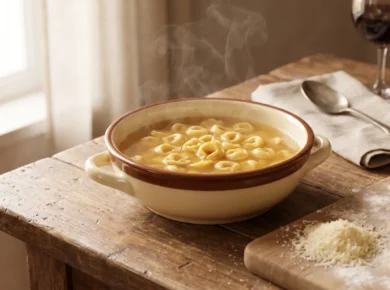 Miska rosołu z drobnymi tortellini in brodo, obok deska z mąką i świeżo zawijane tortellini oraz parmezan