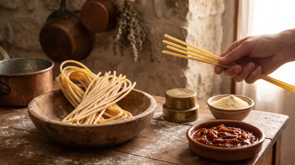Bucatini - długie nitki grubego makaronu z otworem w środku, uniesione nad drewnianą miską obok matrycy z brązu, miski semoliny i sosu amatriciana w rustykalnej rzymskiej kuchni