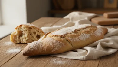 Bochenek ciabatty na kremowym lnie z chrupiącą oprószoną mąką skórką i przekrojonym kawałkiem z dużymi dziurami w miękiszu