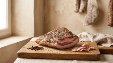 Trójkątna sztuka guanciale - peklowanego wieprzowego policzka - w grubej warstwie czarnego pieprzu i soli, na drewnianej desce widać przekrój z różowym pasmem mięsa w kremowym tłuszczu, obok cienkie plastry i ziarna pieprzu, w tle rustykalna włoska spiżarnia z wiszącymi wędlinami